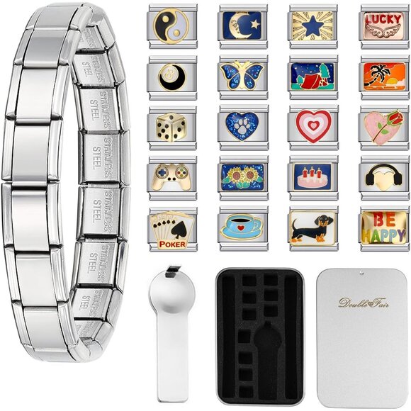 Italian Charm Bracelet with 20 Interchangeable Charms - Adjustable & Stylish - Picture 1 of 7